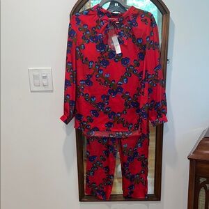 J Crew Collection Tie-Neck Top in Lattice Print + Matching Drapey Pull-On Pant